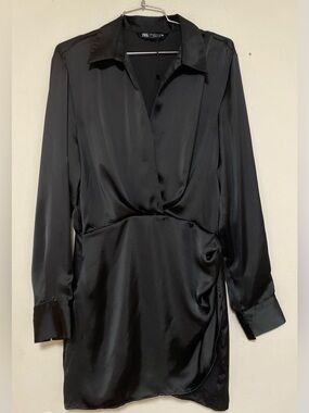 Zara Black Satin Wrap-Style Dress